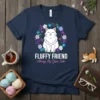 Fluffy Friend Always By Your Side t-shirt design with a white cat in a floral wreath and the text "Fluffy