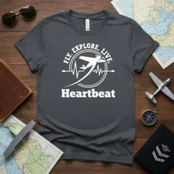 Fly Explore Live Heartbeat t-shirt with airplane and heartbeat graphic, dark grey tee