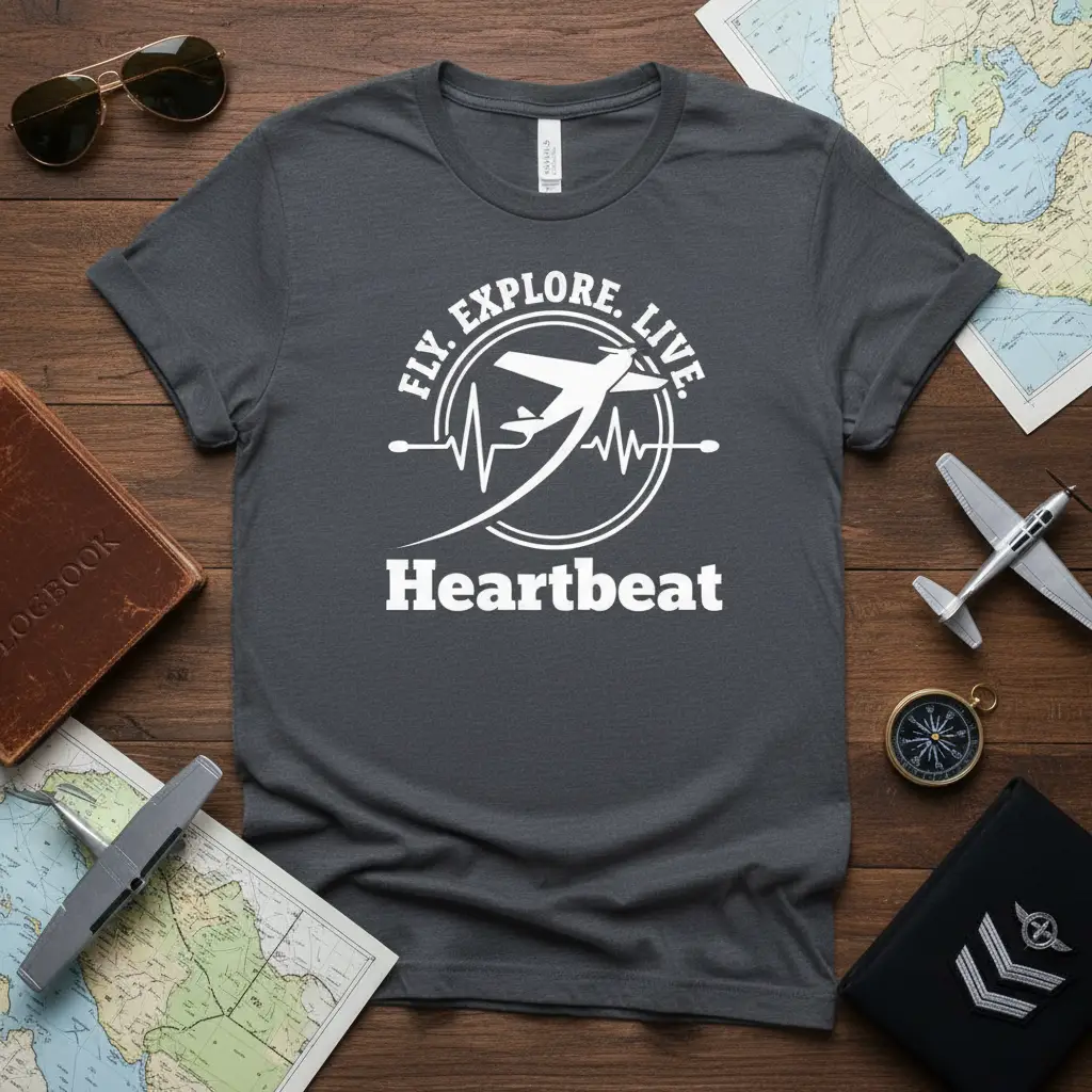 Fly Explore Live Heartbeat airplane and heartbeat graphic t-shirt design for pilots and travelers