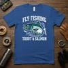 Fly Fishing Trout & Salmon graphic t-shirt design with a leaping trout and fishing rod