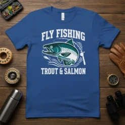 Fly Fishing Trout & Salmon graphic t-shirt design with a leaping trout and fishing rod
