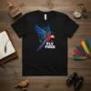 Black t-shirt with a colorful parrot and the text "FLY FREE" in white, designed for bird lovers