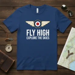 Fly High Explore The Skies t-shirt with wings logo and pilot-themed text