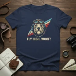 Fly High, Woof! text on a navy t-shirt with a dog wearing aviator goggles graphic