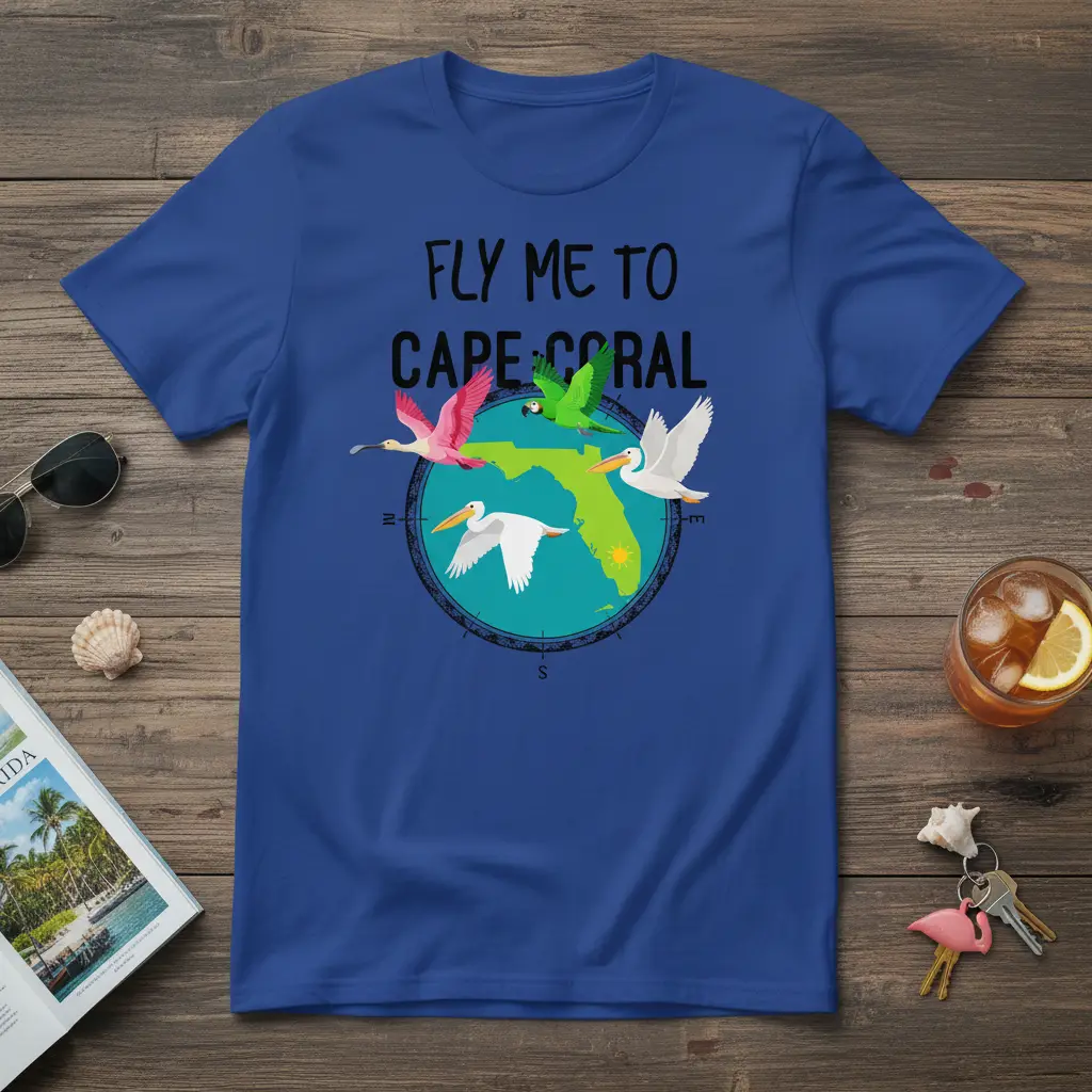 Fly Me To Cape Coral quote t-shirt with colorful birds and Florida map design