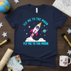 Navy blue t-shirt with "FLY ME TO THE MOON" text and a cartoon rocket ship launching through clouds and stars
