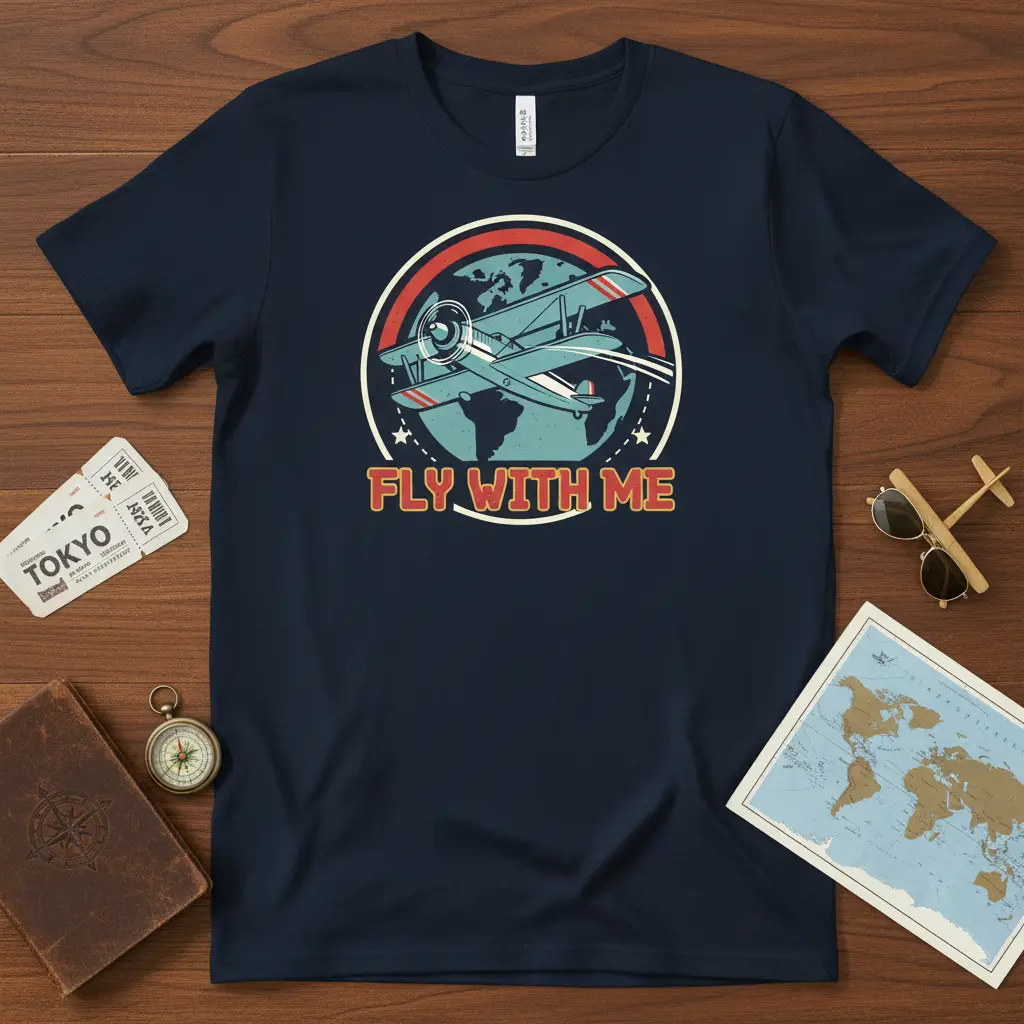 Fly With Me quote on a t-shirt design with a vintage airplane and globe graphic, celebrating aviation