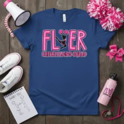 FLYER CHEERLEADING SQUAD text with a silhouetted cheerleader mid-jump holding pom-poms, on a navy blue t-shirt