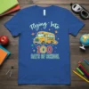 Flying Into 100 Days Of School t-shirt design with a yellow school bus, planets, and stars