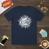 FO!!! comic sound effect graphic in white on a navy blue t-shirt, designed in a retro pop art style