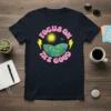 Focus On The Good retro t-shirt design with a sun, flowers, and lightning bolts