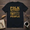 Folk Music The Voice Of The People t-shirt design with distressed yellow text and ornate acoustic guitar graphic