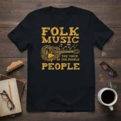 Folk Music The Voice Of The People t-shirt design with distressed yellow text and ornate acoustic guitar graphic