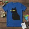 Black cat silhouette with yellow eyes and the word "FOOD" above it, on a royal blue t-shirt
