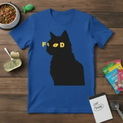 Black cat silhouette with yellow eyes and the word "FOOD" above it, on a royal blue t-shirt