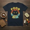 FOOD cat t-shirt design featuring a black cat looking at a bowl of kibble with a retro sunset background