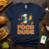 Food Dude T-Shirt with cartoon chef holding burrito and spatula, surrounded by food icons