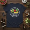 Food Not Pharma t-shirt design with fruits, vegetables, and pills graphic