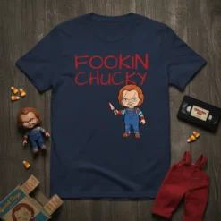 Fookin Chucky T-Shirt design with red text and cartoon Chucky doll holding a knife