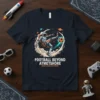 Astronaut playing football in space on a dark t-shirt with text FOOTBALL BEYOND ATMETSHORE SPACE LEAGUE EXPLORERS