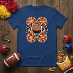 Football Cheer Gear T-Shirt design featuring a football, pom-poms, and horns with stars, on a navy blue shirt