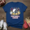 FOOTBALL CHEER text with football helmet, pom poms, and megaphones graphic on a navy t-shirt