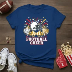 FOOTBALL CHEER text with football helmet, pom poms, and megaphones graphic on a navy t-shirt