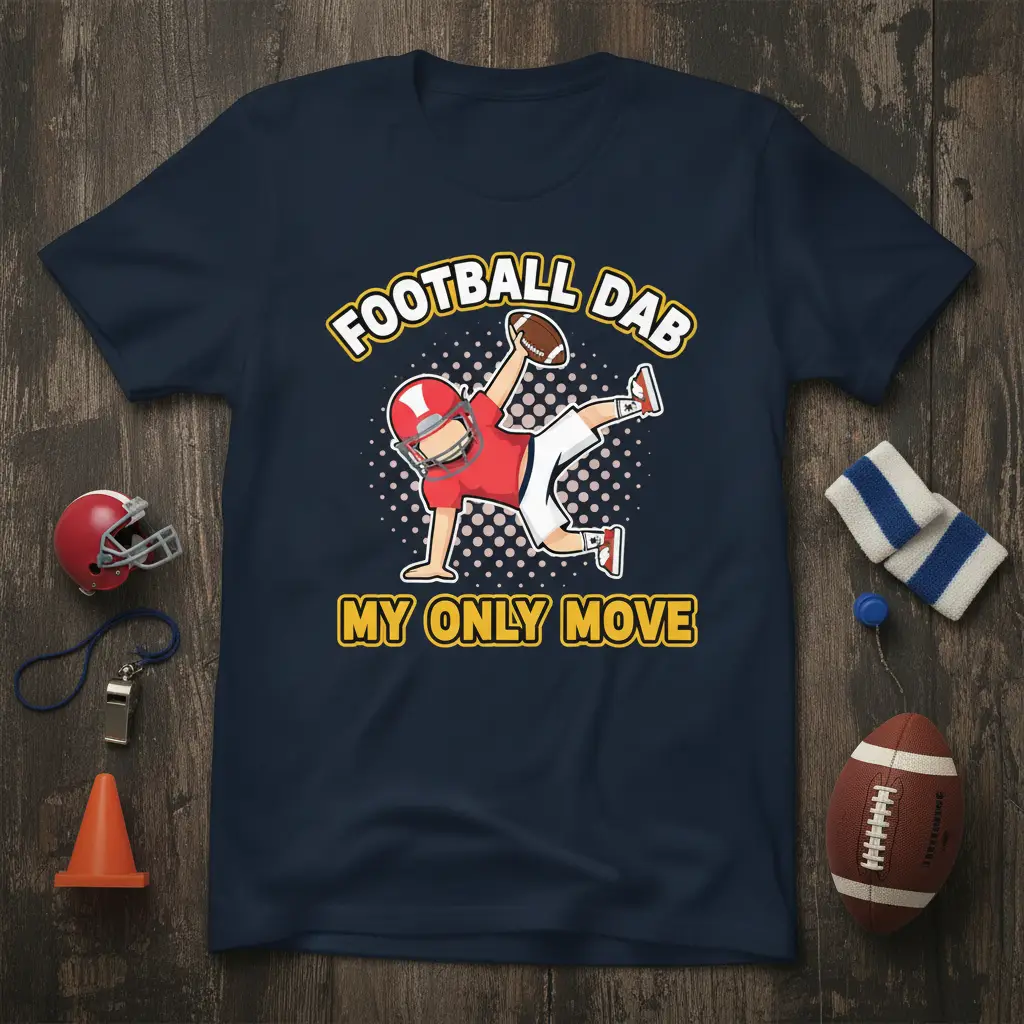 Football Dab My Only Move t-shirt design with cartoon football player doing the dab dance in red jersey and white pants