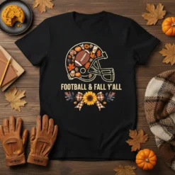 Football helmet design with football, pumpkins, leaves, and coffee cup, text "Football & Fall Y'all" below, on a black t-shirt