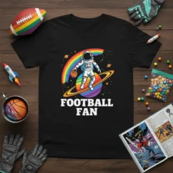 Football Fan t-shirt design with an astronaut playing basketball in space, featuring a rainbow and planets
