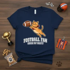 Funny football fan cat t-shirt with text FOOTBALL FAN CATCH MY DRIFT? and a cartoon cat holding a football