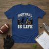 Football Is Life text with a silhouette of a football player catching a ball, a helmet, and stadium lights