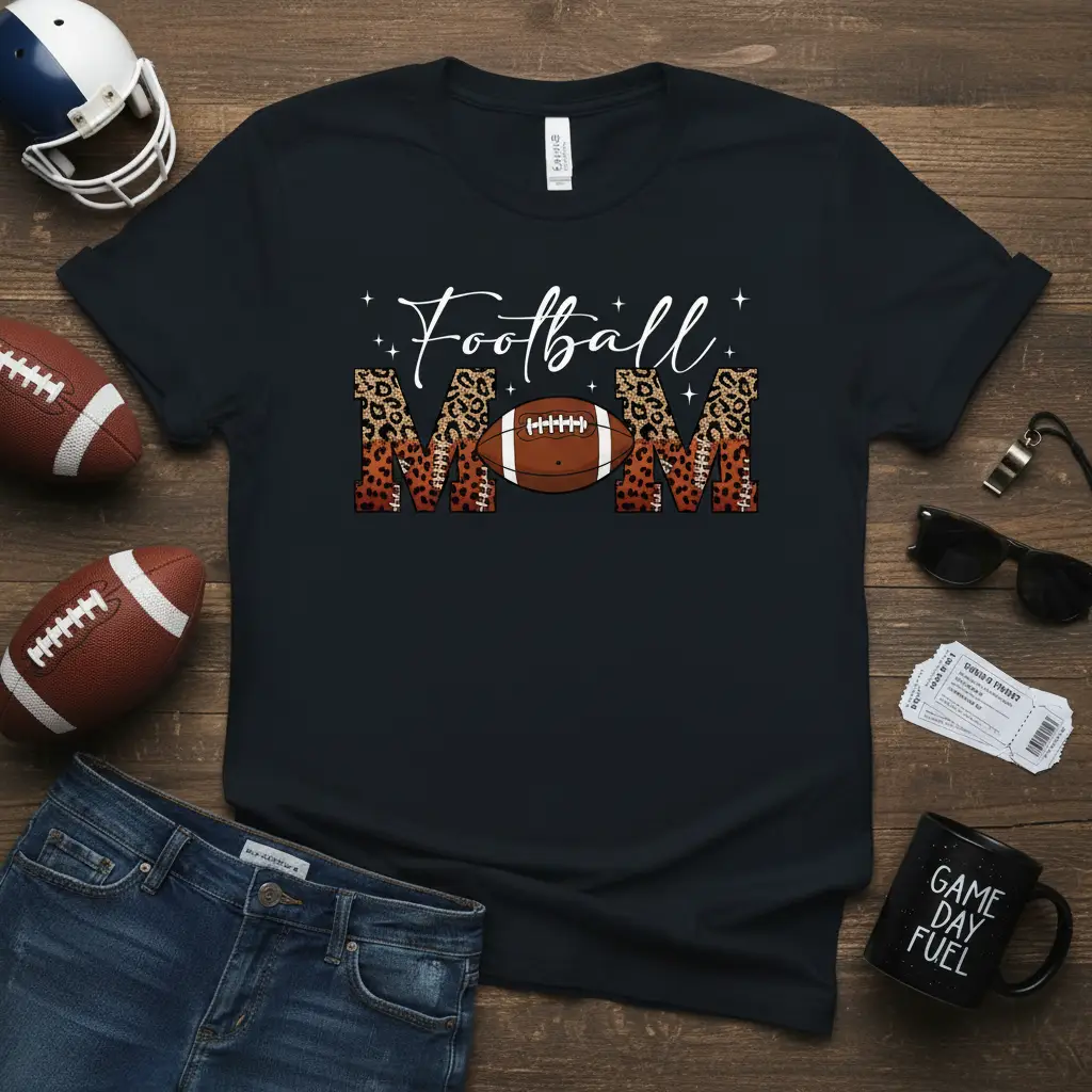 Football Mom design with leopard print and football graphic on a black t-shirt, perfect for game day