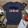 Navy blue t-shirt with "FOOTBALL MOM" text, featuring a soccer ball graphic and British flag stripes on the letters M