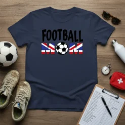 Navy blue t-shirt with "FOOTBALL MOM" text, featuring a soccer ball graphic and British flag stripes on the letters M