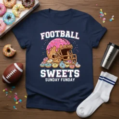 Football Sweets Sunday Funday t-shirt design with a donut helmet and surrounding donuts, text reads FOOTBALL SWEETS SUNDAY FUNDAY