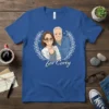 Custom cartoon couple portrait t-shirt design with text "for Corey" inside a laurel wreath