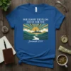 Blue t-shirt with white text "FOR I KNOW THE PLANS I HAVE FOR YOU" and "Jeremiah 29:11" surrounding a landscape