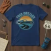 Ford Mustang classic car T-Shirt with a vintage blue Mustang driving on a winding road at sunset