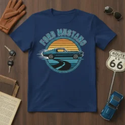 Ford Mustang classic car T-Shirt with a vintage blue Mustang driving on a winding road at sunset