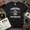 Forensic Psychology t-shirt with brain, heartbeat, and scales of justice graphic