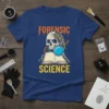 Forensic Science t-shirt with a skull, book, magnifying glass, and DNA helix graphic, text "FORENSIC SCIENCE"