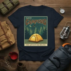 Forest Camping The Adventure Begins t-shirt design with a vintage poster style, featuring a tent, pine trees, moon, and stars