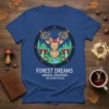 Forest Dreams Magical Creatures Enchanted Realms text on a blue t-shirt with a geometric deer, mushrooms, and trees inside a
