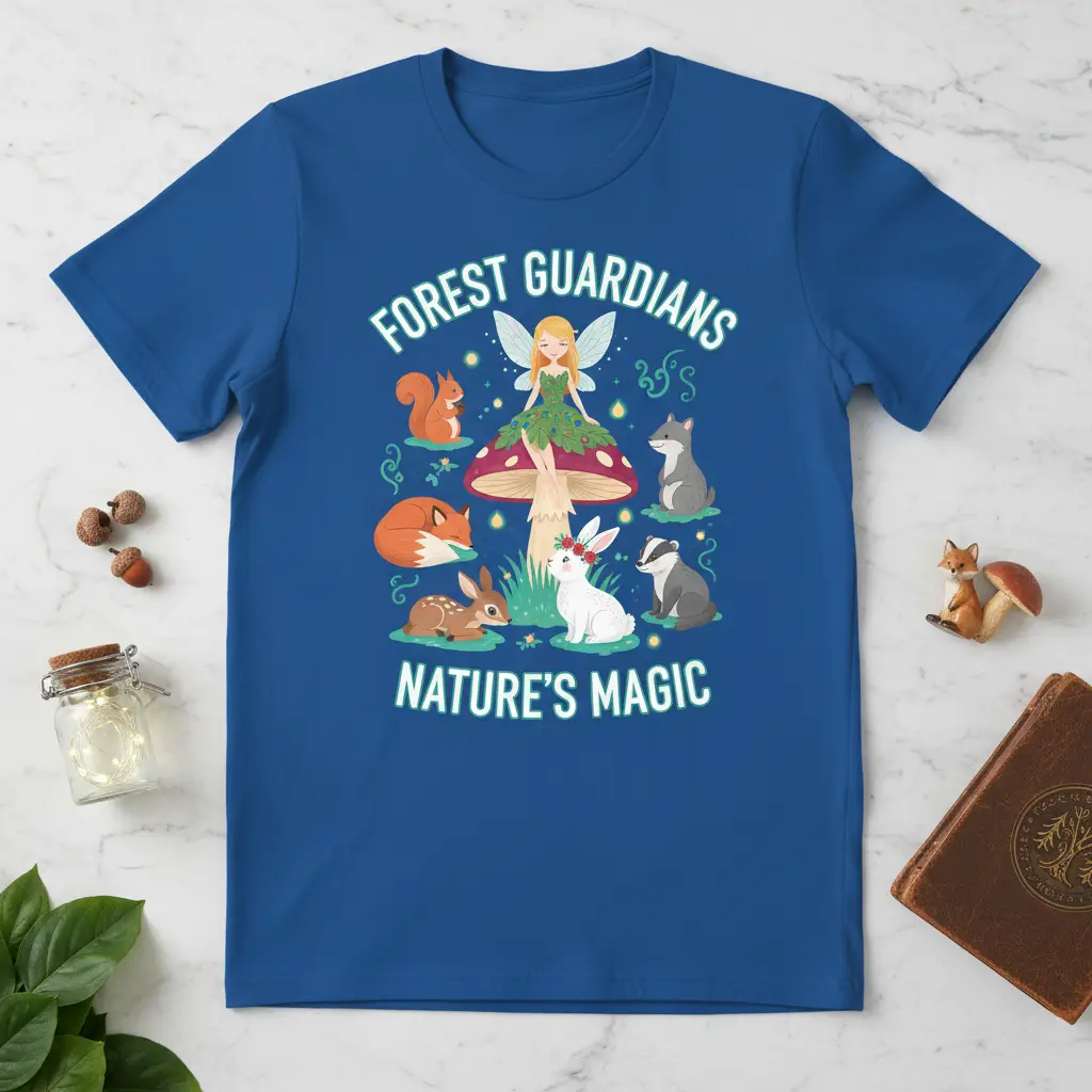 Forest Guardians Nature's Magic t-shirt design featuring a fairy on a mushroom with woodland animals, showcasing nature's enchantment