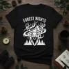 Forest Nights t-shirt with a white geometric deer graphic and stylized trees, text "FOREST NIGHTS" above