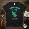 Forest Spirit Wild & Free T-Shirt with a deer silhouette filled with mountains and trees, featuring turquoise text