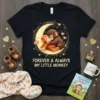 Forever & Always My Little Monkey text on a black t-shirt with two hugging monkeys on a moon graphic