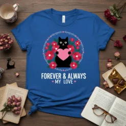Black cat holding pink heart with "FOREVER & ALWAYS MY LOVE" text, surrounded by floral wreath