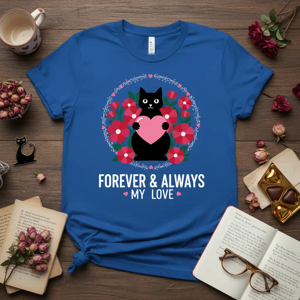 Forever & Always My Love cat t-shirt design with black cat holding heart and floral wreath
